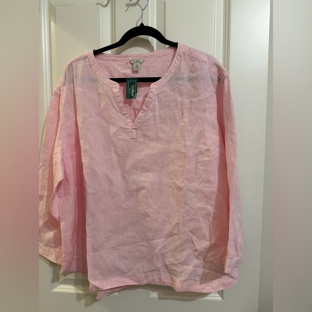 L.L. Bean 100 percent linen top in a light pink color.